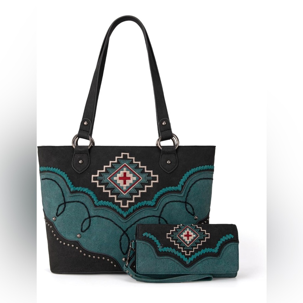 West Aztec Tote Bag for Women Embroidered Western Shoulder Purse and Wallet Set